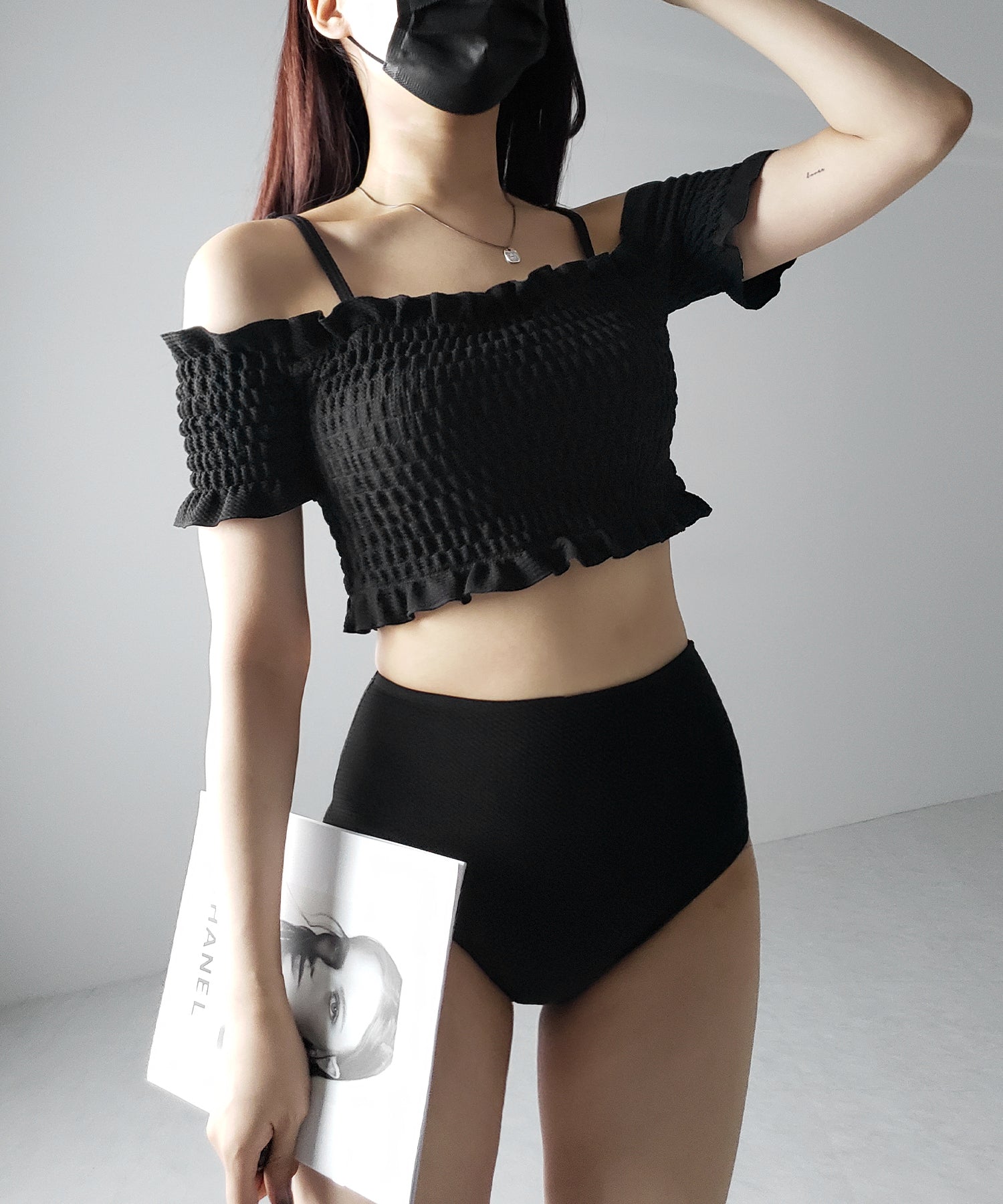 【 レディース水着/2点セット 】オフショルダーシャーリングギャザーハイウエストビキニ / off shoulder shirring gather highwaist bikini