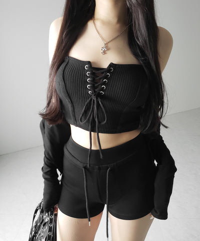 【カップ付き 】レースアップコルセットリボンショートリブベアトップ / laceup corset ribbon short ribbed bare top