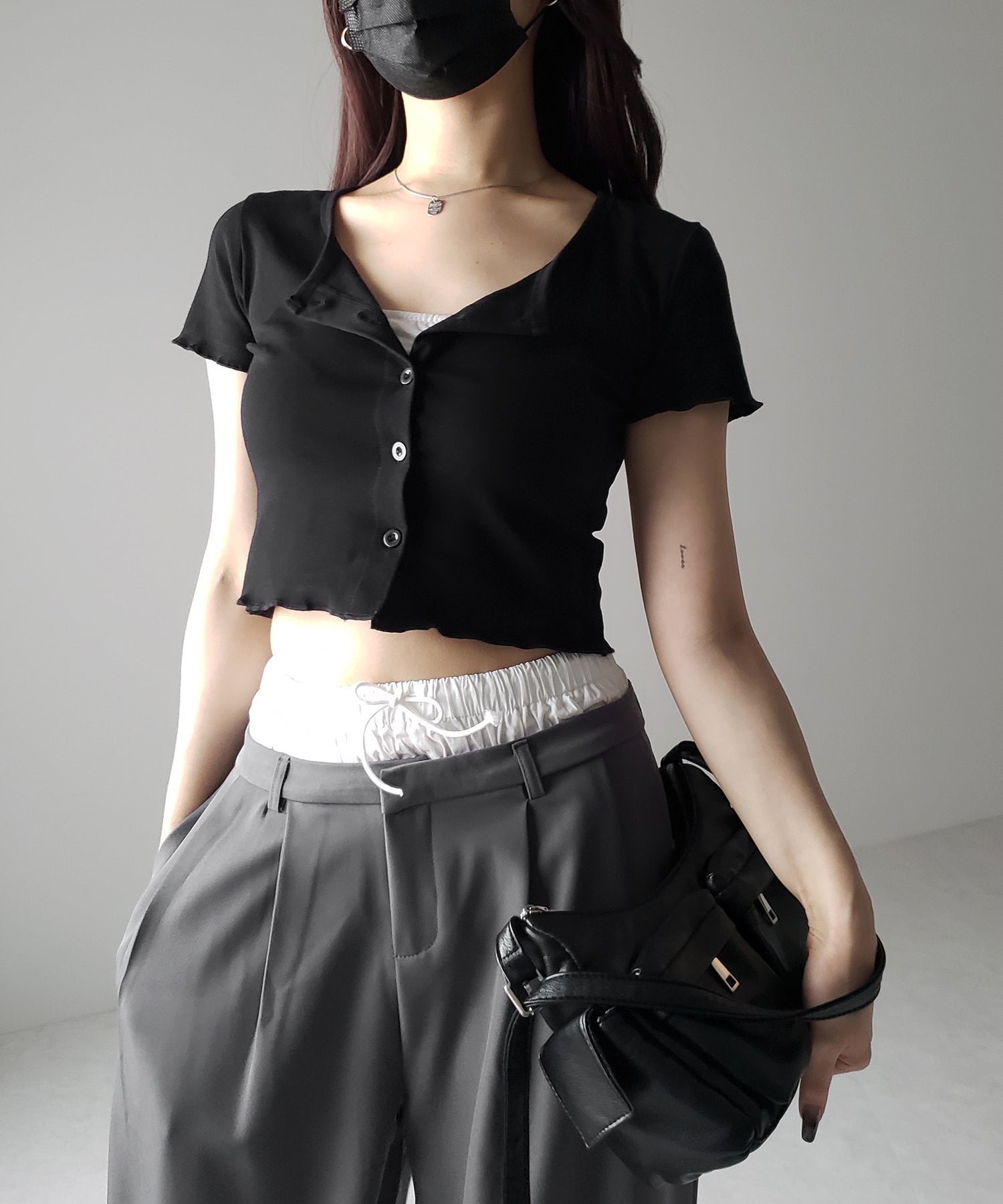 【 3color 】フロントボタン半袖メローショートTシャツ / front button mellow short Tee