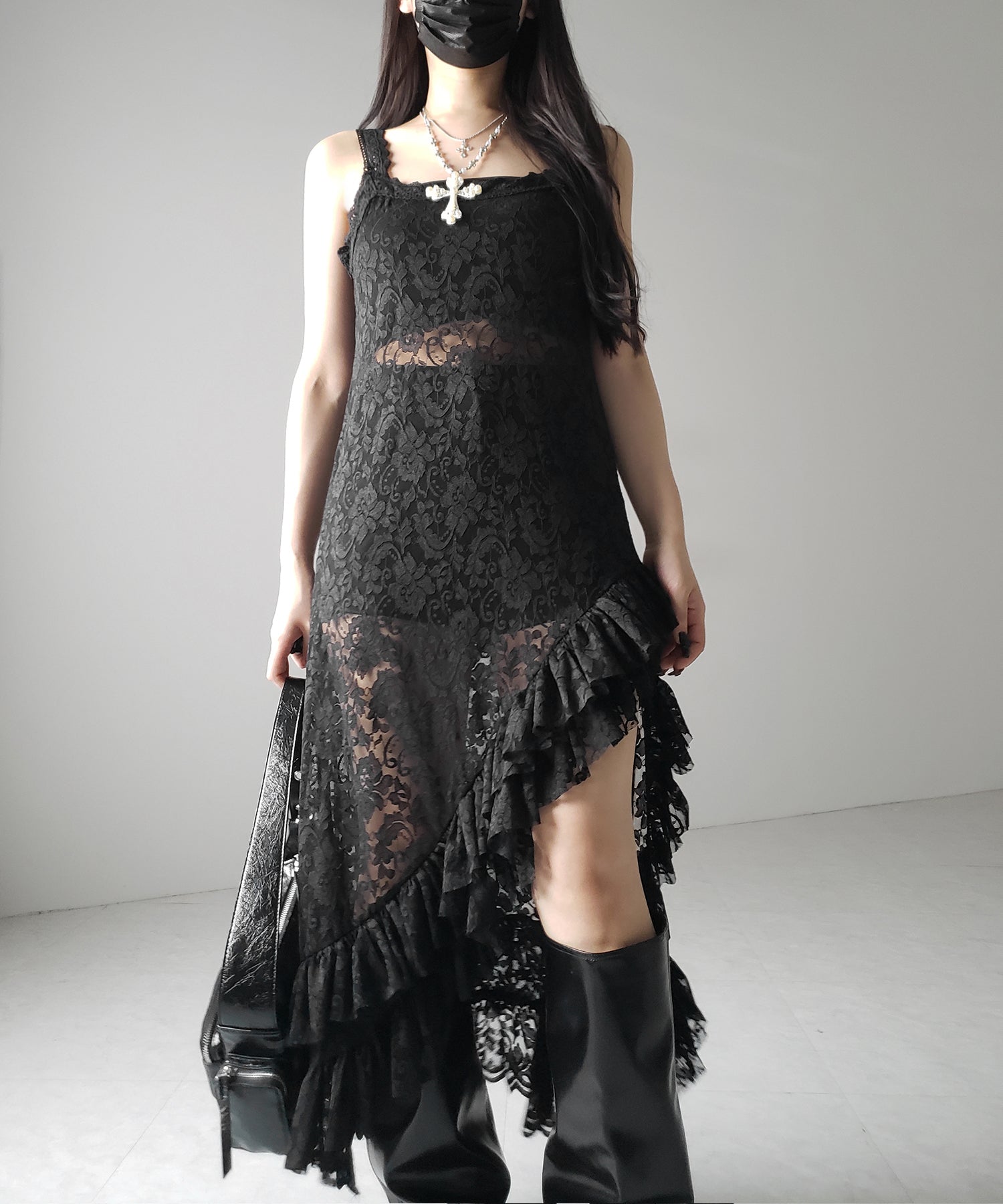 【 2color 】アシンメトリーフリルレイヤードレースキャミワンピース / asymmetry frill layered lace cami onepiece