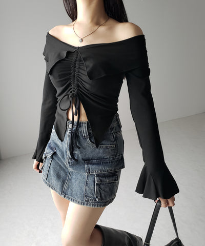 シャーリングフロントスリットオフショルトップス / shirring front slit offshoulder tops