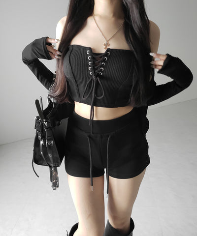 【カップ付き 】レースアップコルセットリボンショートリブベアトップ / laceup corset ribbon short ribbed bare top