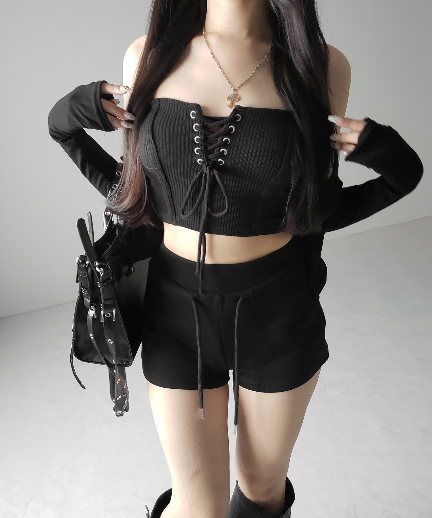 【カップ付き 】レースアップコルセットリボンショートリブベアトップ / laceup corset ribbon short ribbed bare top