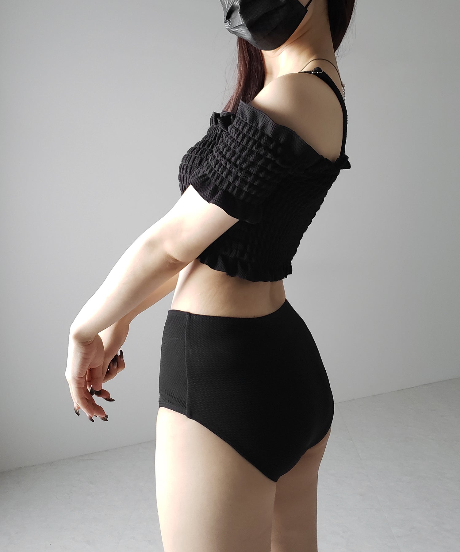 【 レディース水着/2点セット 】オフショルダーシャーリングギャザーハイウエストビキニ / off shoulder shirring gather highwaist bikini