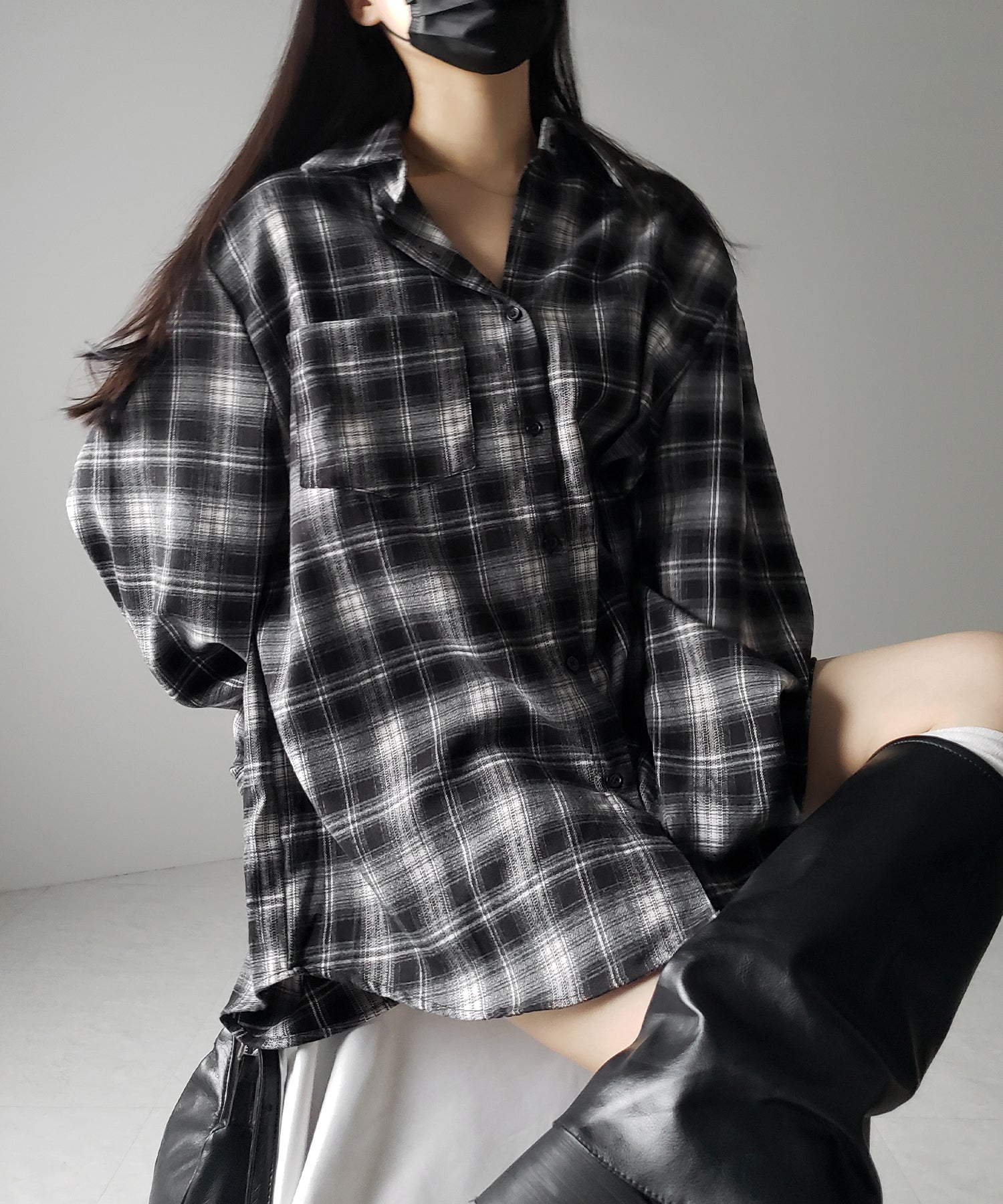 ビッグシルエットブラックチェックネルシャツ / big silhouette black check flannel shirt