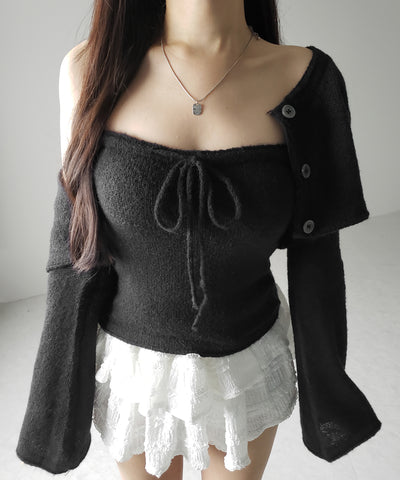 【 2点セット 】フロントリボンニットベアトップ + 長袖ショートカーディガン SET / front ribbon knit bare top + long sleeve short cardigan set