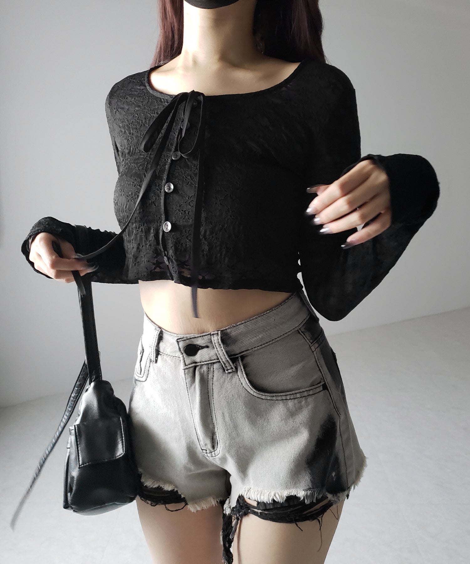 【 2WAY 】クロスストラップリボンショートレースカーディガン / cross strap ribbon short lace cardigan