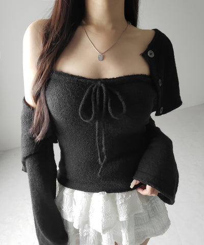 【 2点セット 】フロントリボンニットベアトップ + 長袖ショートカーディガン SET / front ribbon knit bare top + long sleeve short cardigan set