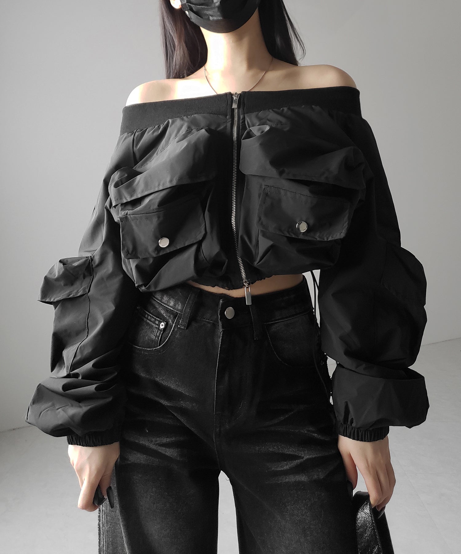 【 セットアップ 】アウトポケットオフショルカーゴブルゾン & ダブルジップカーゴミニスカート SET / out pocket off shoulder cargo blouson & double zip cargo mini skirt SET