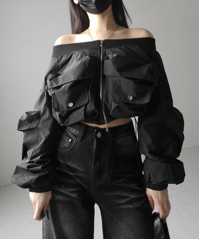 【 セットアップ 】アウトポケットオフショルカーゴブルゾン & ダブルジップカーゴミニスカート SET / out pocket off shoulder cargo blouson & double zip cargo mini skirt SET