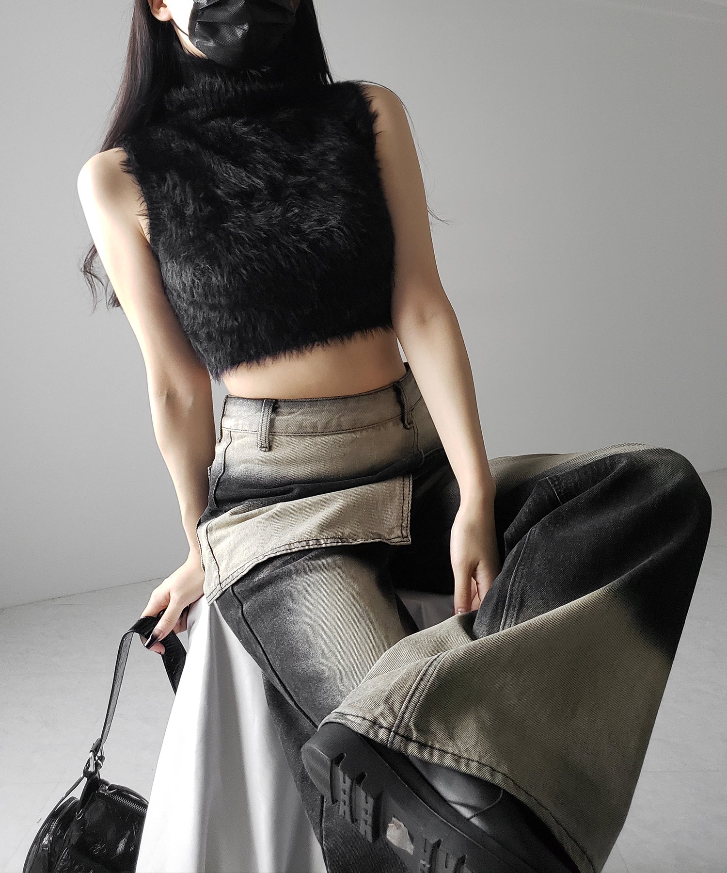 【 2color /4size 】ラップレイヤードバイカラーブリーチワイドデニム / wrap layered bicolor bleach wide denim