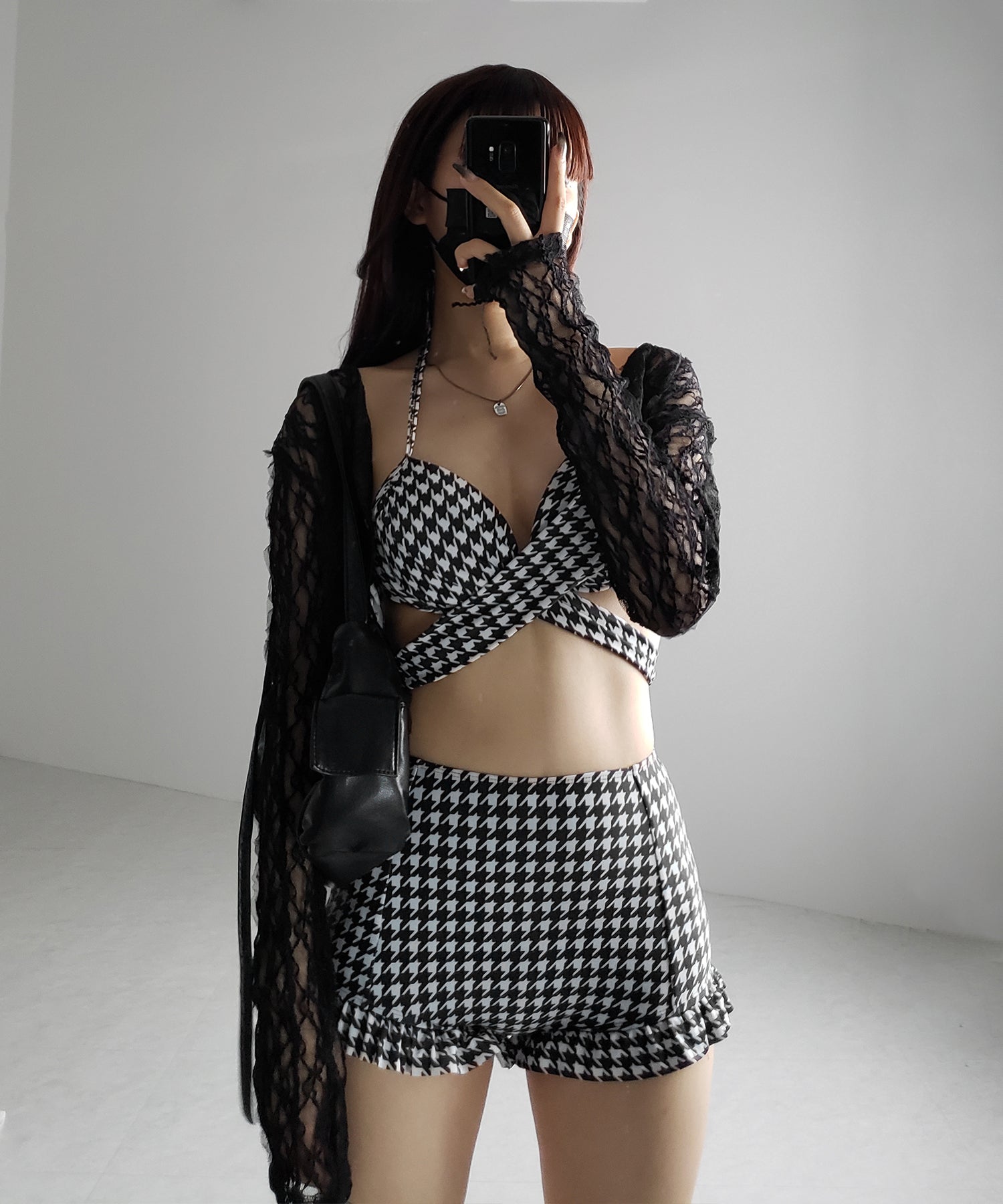 【 レディース水着/2点セット 】千鳥格子柄クロスウエストリボンハイウエストビキニ / houndstooth pattern cross waist ribbon high waist bikini