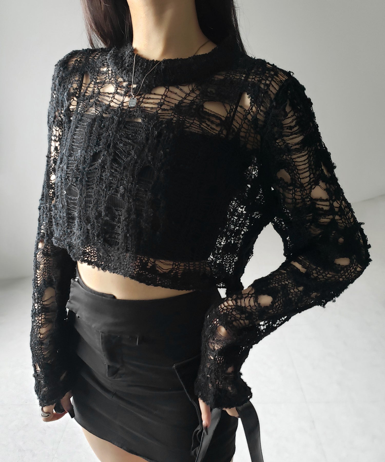 クラッシュダメージショートシアーニット / crush damage short sheer knit