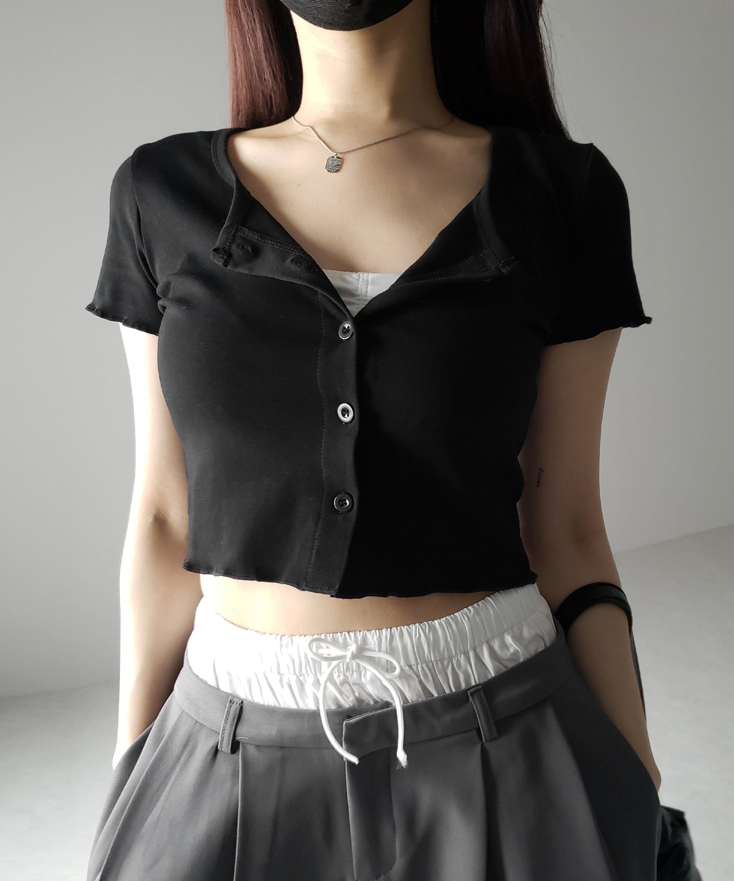 【 3color 】フロントボタン半袖メローショートTシャツ / front button mellow short Tee