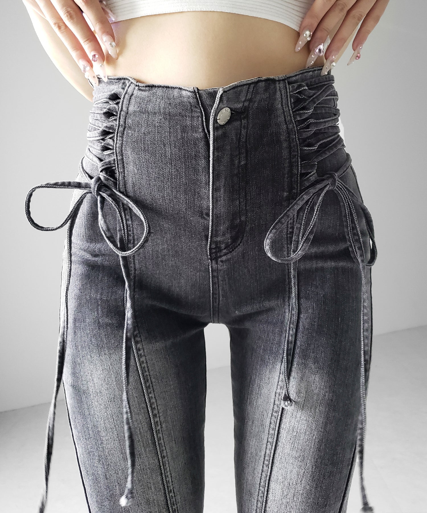 サイドレースアップリボン美脚ストレッチフレアデニム / side laceup ribbon slim leg stretch flare denim