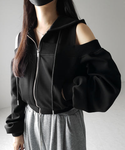オープンショルダーカットアウトジップアップパーカー / open shoulder cut out zip up hoodie