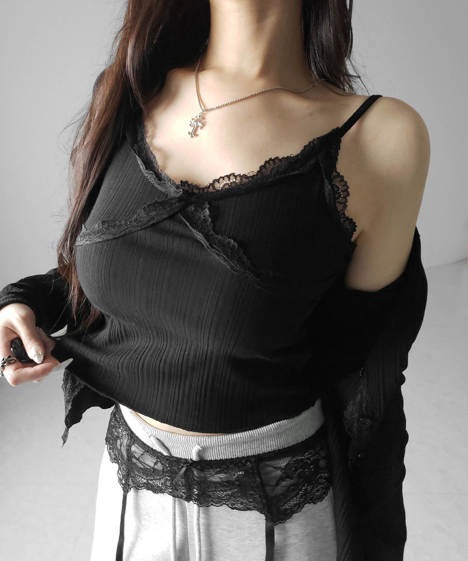 【 2点セット 】レースドッキングリブキャミソール + カーディガンセット / lace docking lib camisole + cardigan SET
