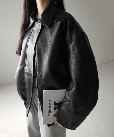【 2color 】ヴィンテージライクボリュームスリーブフェイクレザーブルゾン / vintage like volume sleeve fake leather blouson