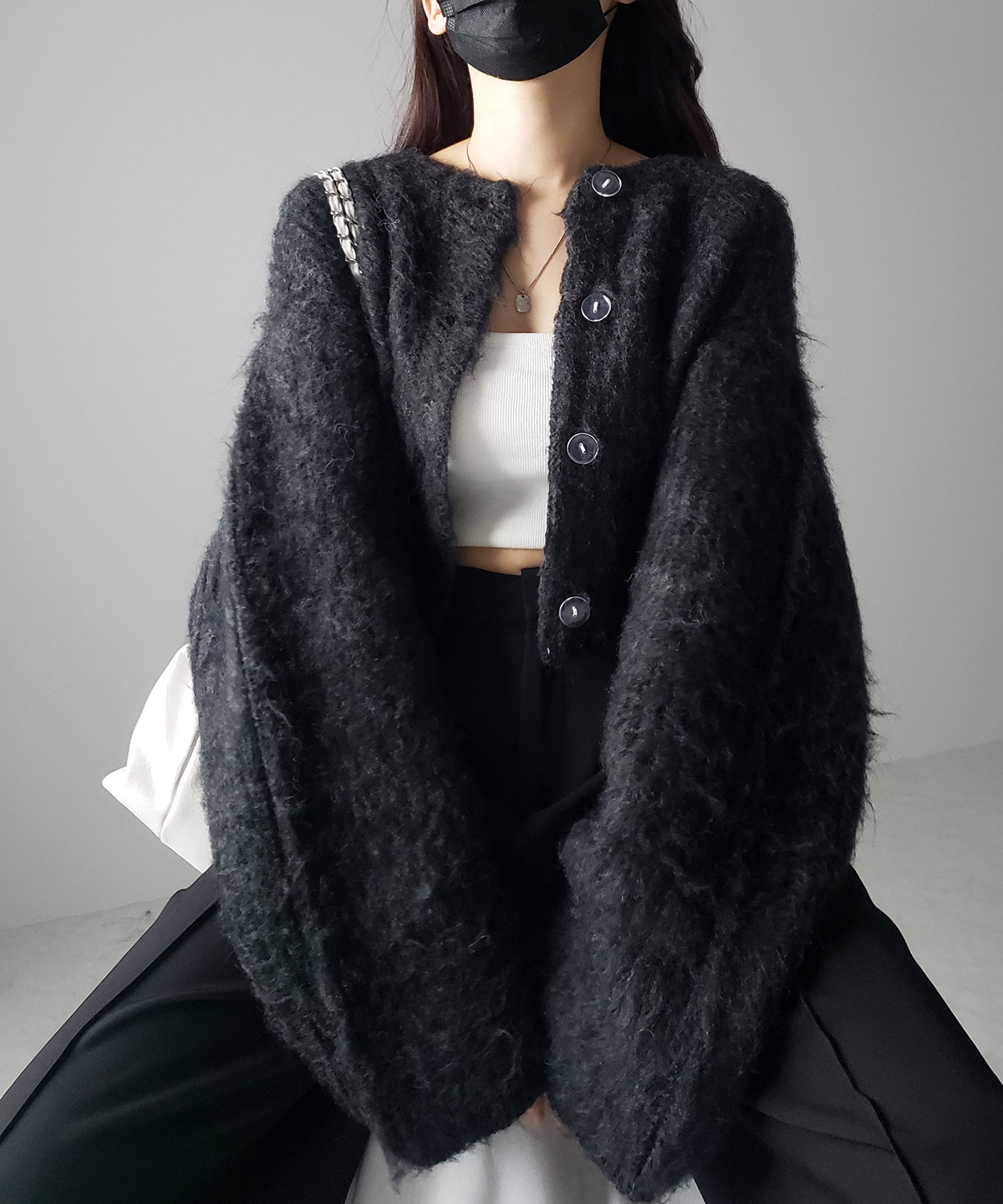 ボリュームワイドスリーブショートシャギーニットカーディガン / volume wide sleeve short shaggy knit cardigan