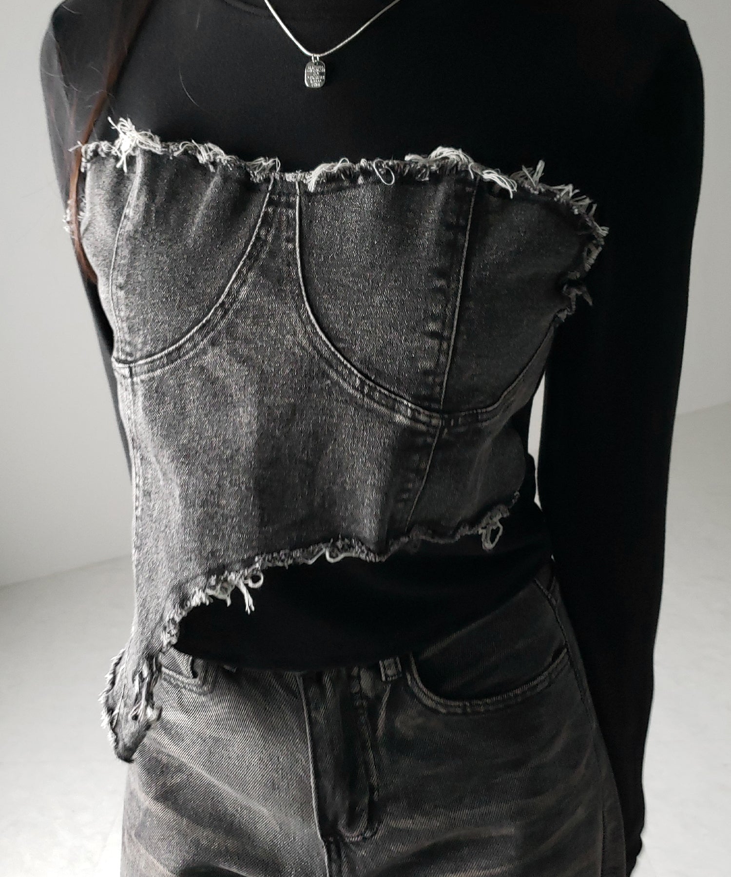 【 2color 】ダメージデニムビスチェドッキングTシャツ / damage denim bustier docking Tee