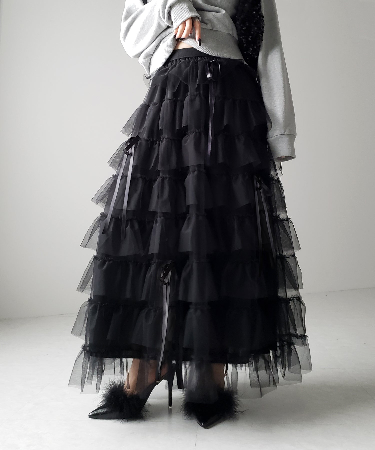 【 新色ピンク追加!/5color 】ストラップリボンバレエコアチュールスカート /strap ribbon ballet core tulle skirt