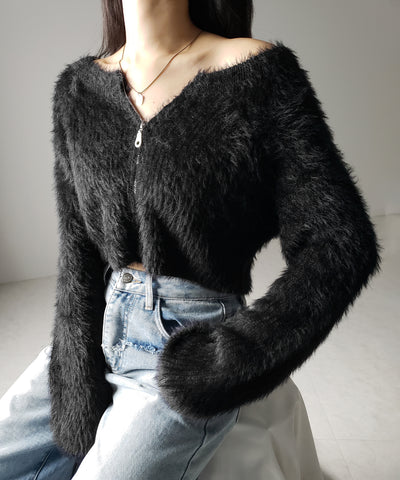 フロントジップショートシャギーニットカーディガン / front zip short shaggy knit cardigan