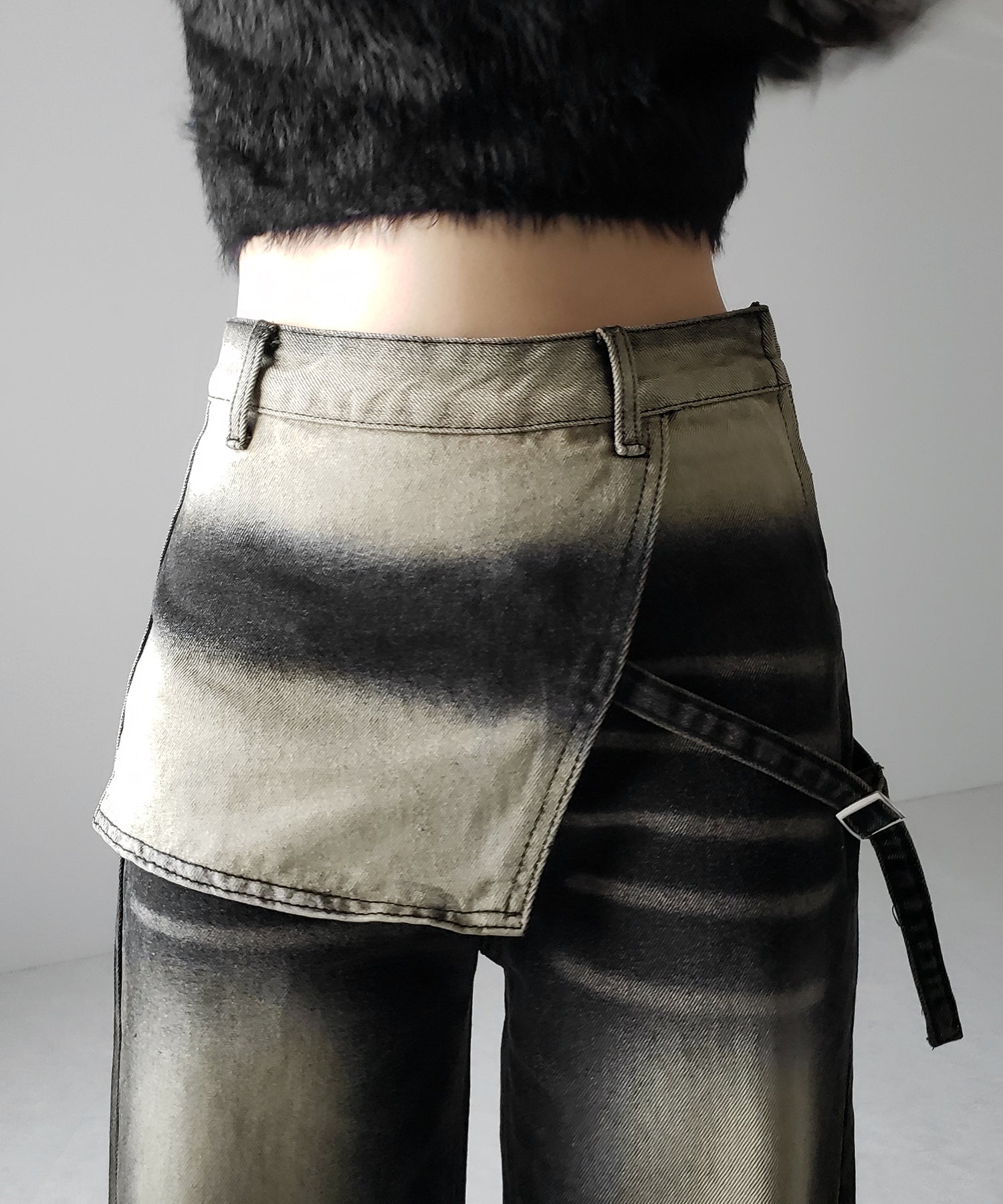 【 2color /4size 】ラップレイヤードバイカラーブリーチワイドデニム / wrap layered bicolor bleach wide denim