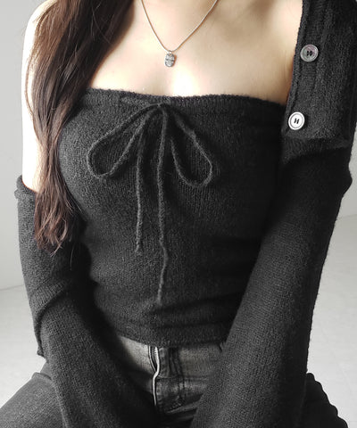 【 2点セット 】フロントリボンニットベアトップ + 長袖ショートカーディガン SET / front ribbon knit bare top + long sleeve short cardigan set