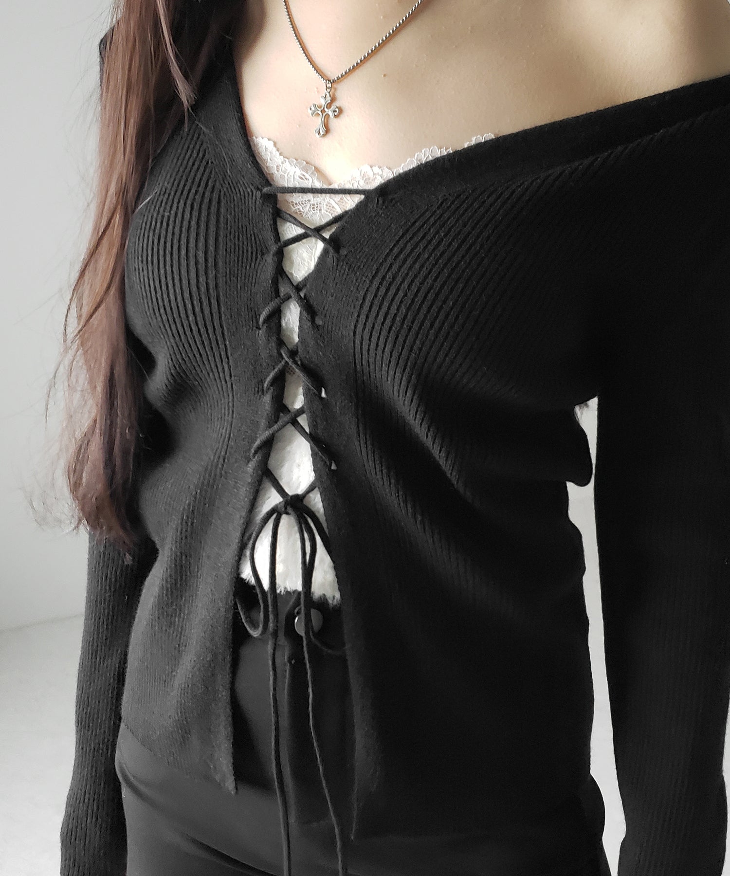 【 3color 】レースアップリボンリブニットカーディガン / lace up ribbon rib knit cardigan