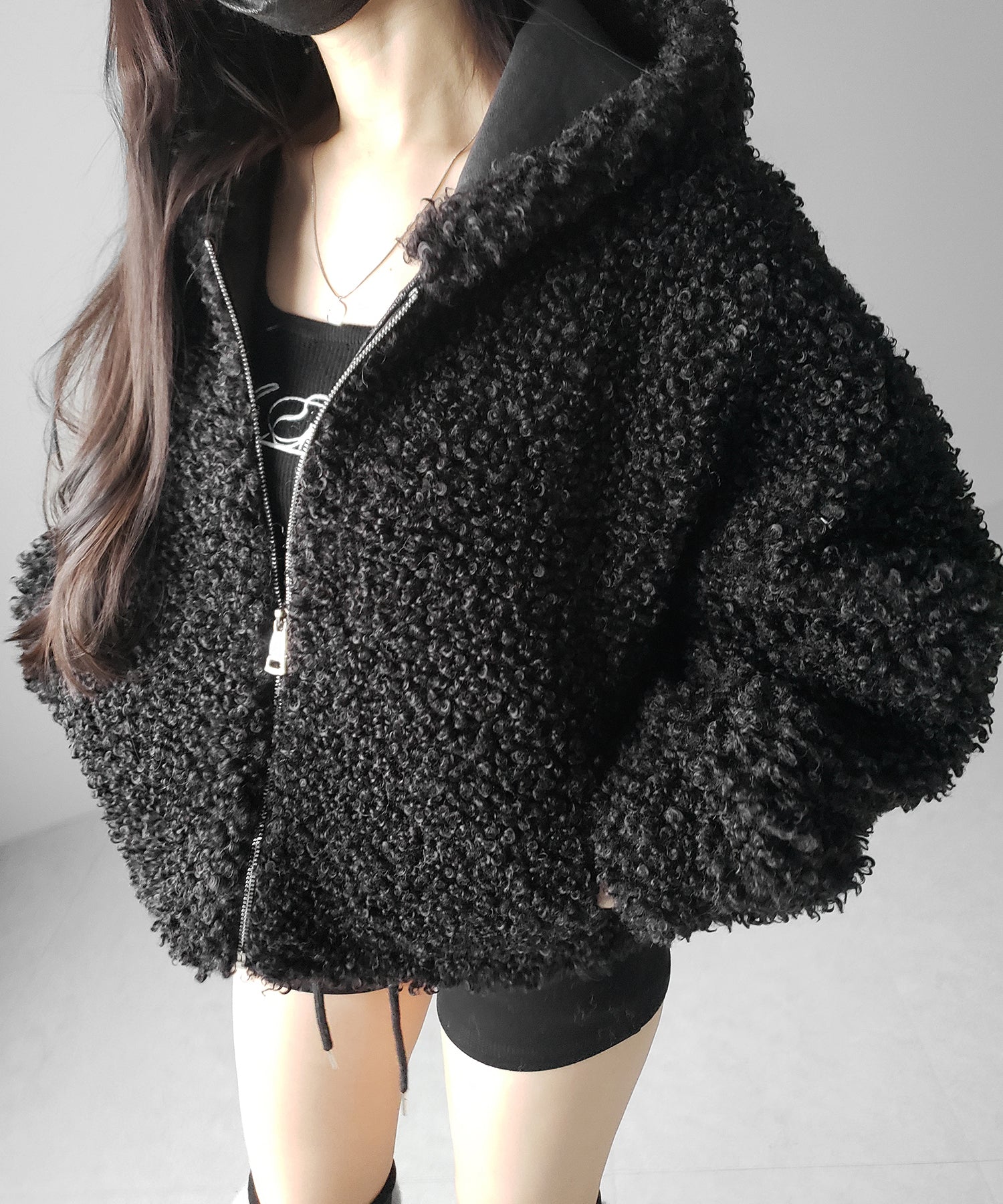 テディボアジップアップフーディクロップドコート / teddy boa zipup hoodie cropped cat