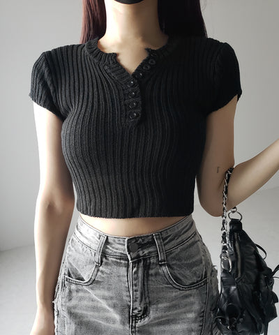 キーネックショートサマーリブニットトップス / Key neck short summer rib knit tops