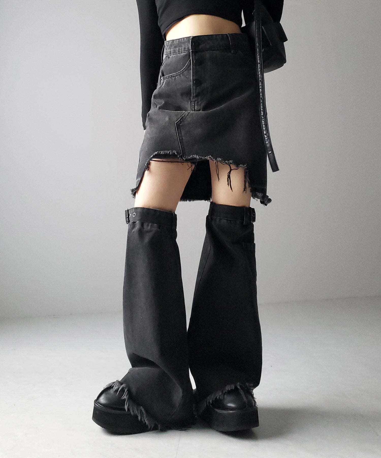 【 2点セット 】ヴィンテージブラックダメージデニムミニスカート + デニムレッグカバー SET