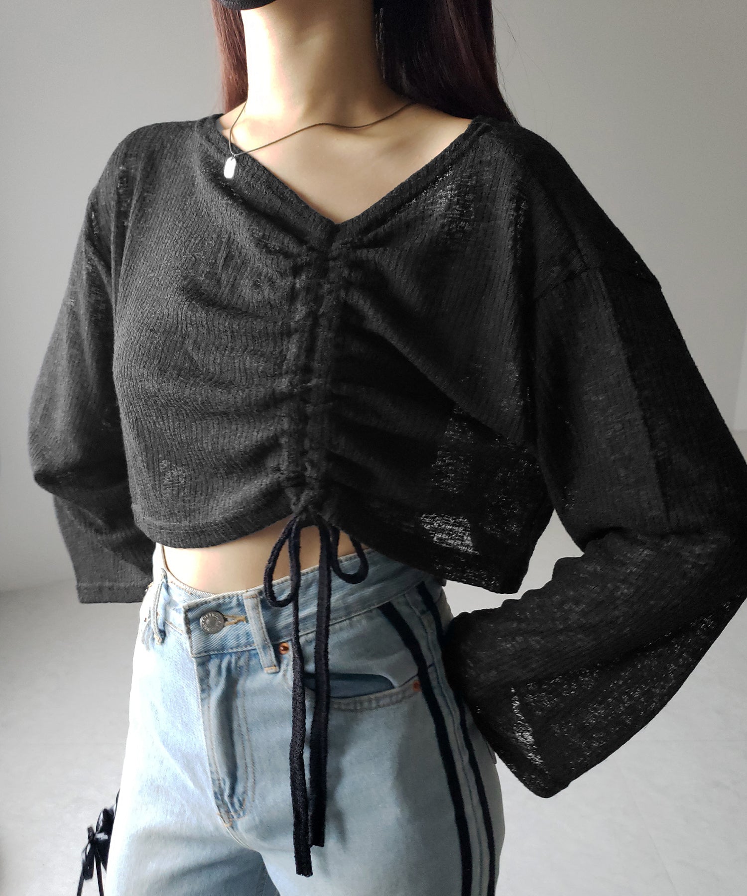 3color 】サイドリボンシャーリング長袖ショートシアーTシャツ