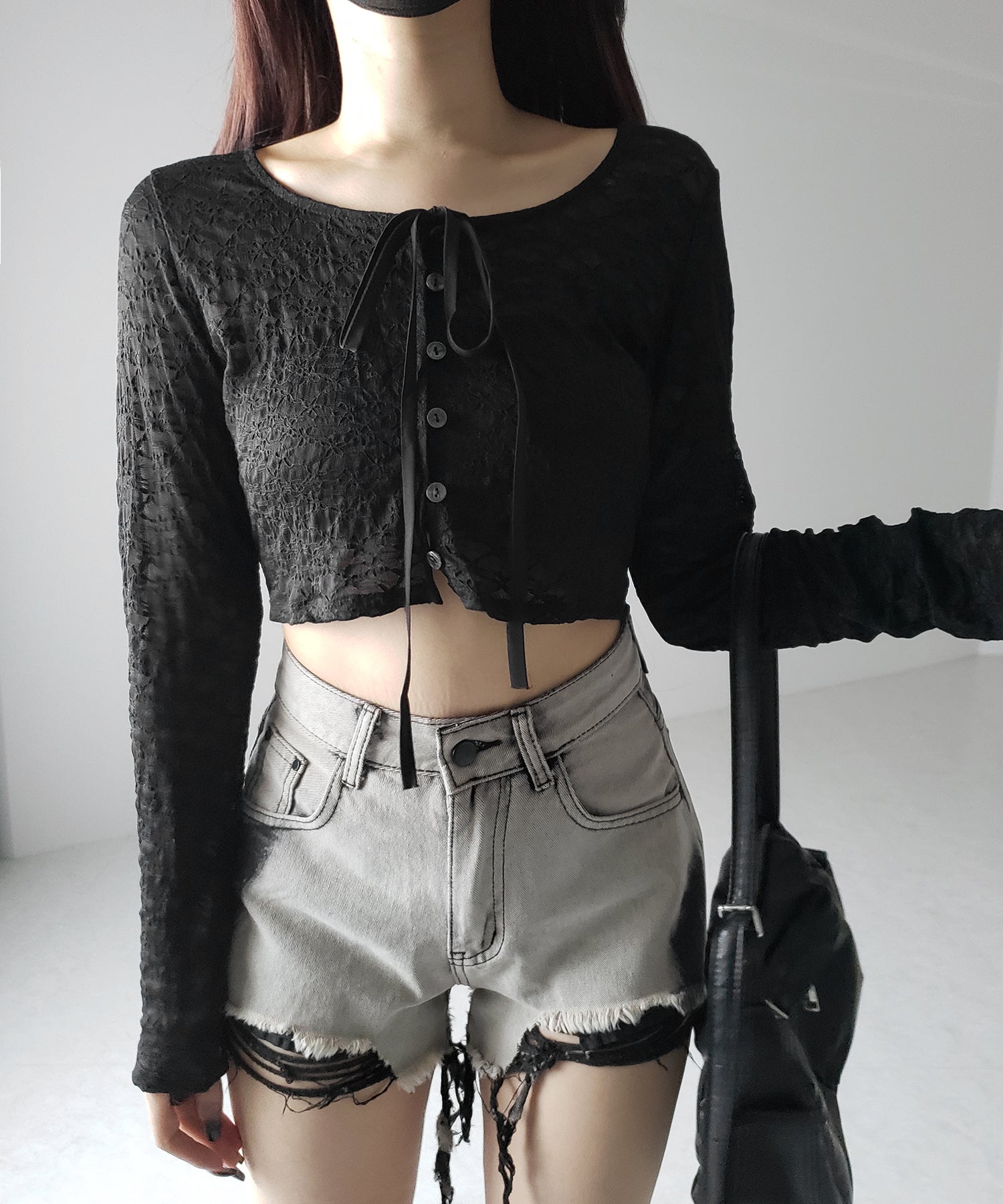 【 2WAY 】クロスストラップリボンショートレースカーディガン / cross strap ribbon short lace cardigan