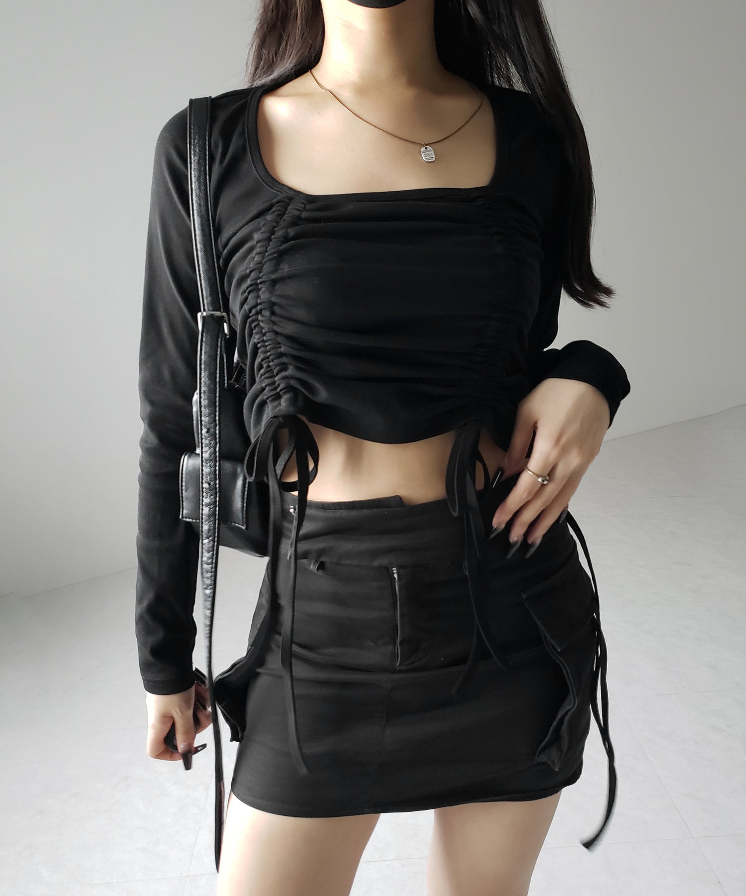 【 3color 】 ダブルシャーリングリボンスクエアネックトップス / double shirring ribbon square neck tops
