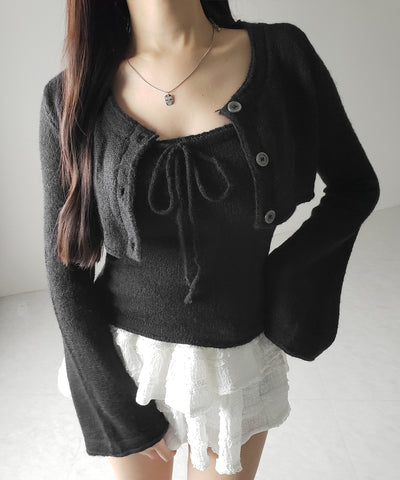 【 2点セット 】フロントリボンニットベアトップ + 長袖ショートカーディガン SET / front ribbon knit bare top + long sleeve short cardigan set