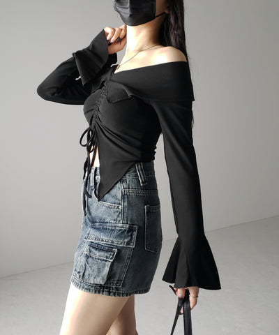 シャーリングフロントスリットオフショルトップス / shirring front slit offshoulder tops