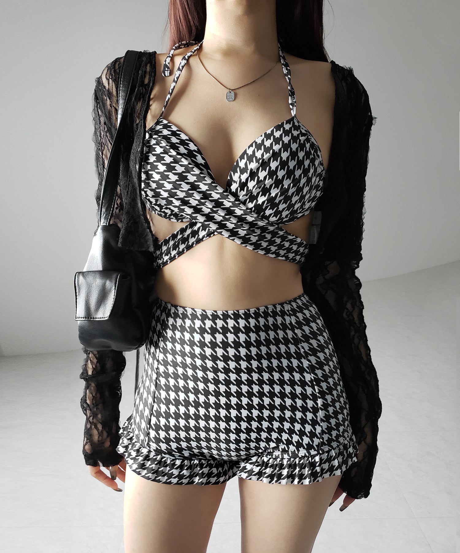 【 レディース水着/2点セット 】千鳥格子柄クロスウエストリボンハイウエストビキニ / houndstooth pattern cross waist ribbon high waist bikini