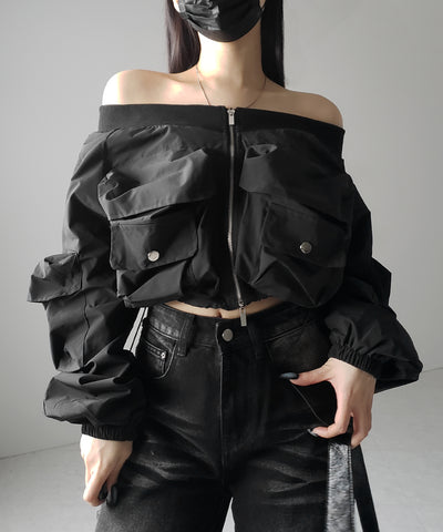 【 セットアップ 】アウトポケットオフショルカーゴブルゾン & ダブルジップカーゴミニスカート SET / out pocket off shoulder cargo blouson & double zip cargo mini skirt SET
