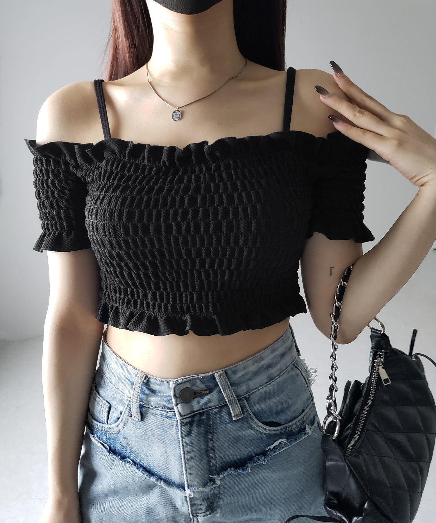 【 レディース水着/2点セット 】オフショルダーシャーリングギャザーハイウエストビキニ / off shoulder shirring gather highwaist bikini