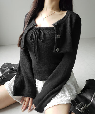 【 2点セット 】フロントリボンニットベアトップ + 長袖ショートカーディガン SET / front ribbon knit bare top + long sleeve short cardigan set