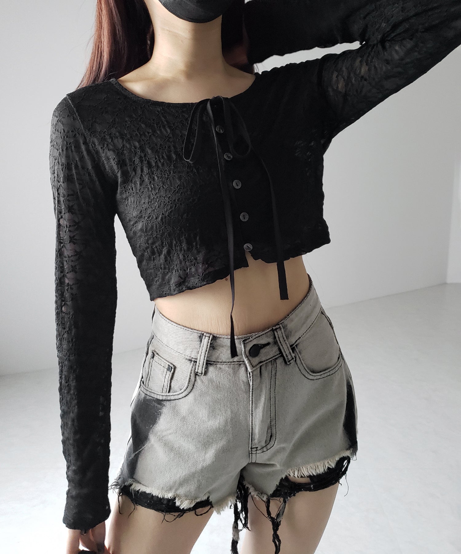 【 2WAY 】クロスストラップリボンショートレースカーディガン / cross strap ribbon short lace cardigan