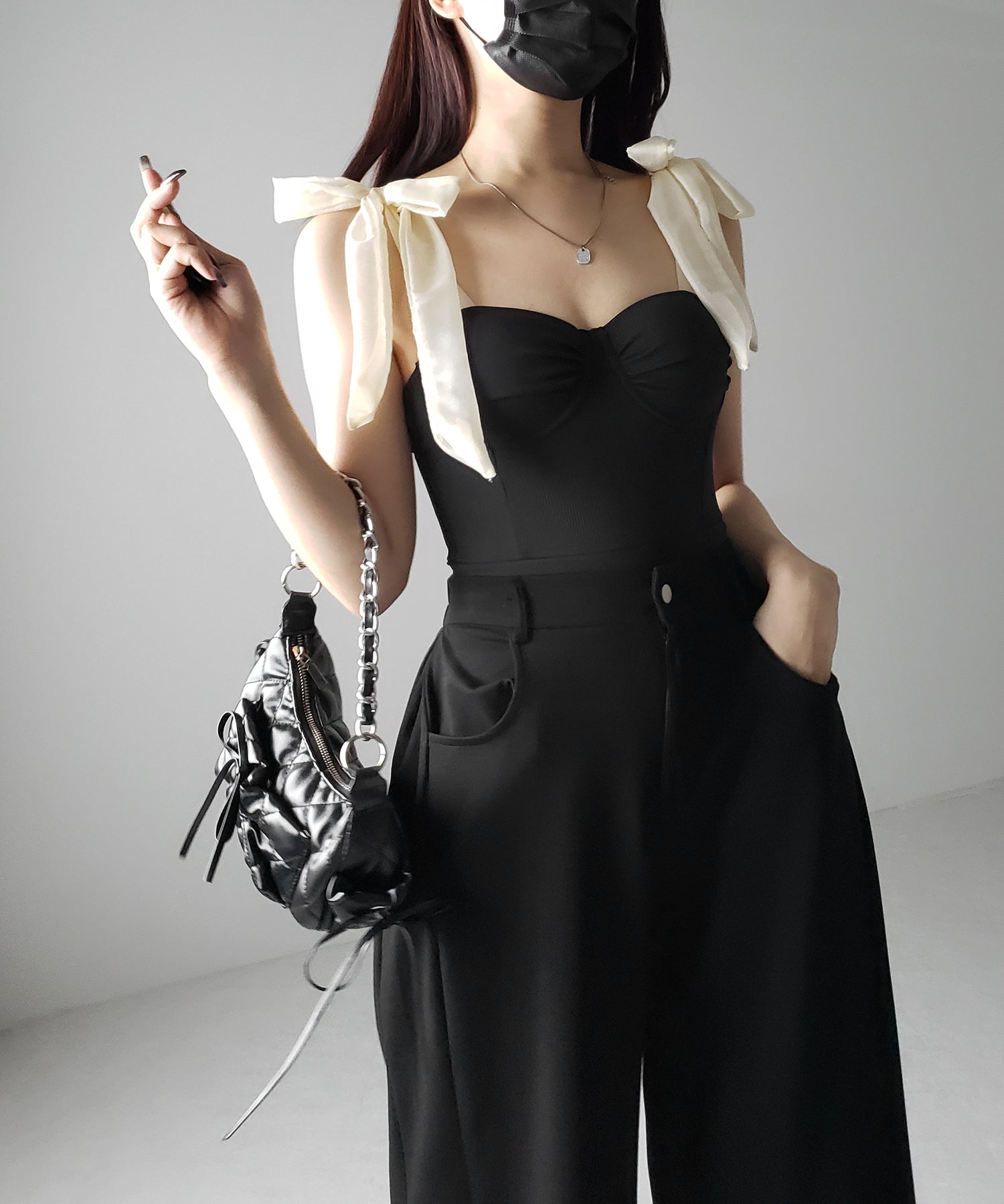 【 レディース水着 】ショルダーリボンバイカラーワンピース水着 / shoulder ribbon bicolor onepiece swimwear