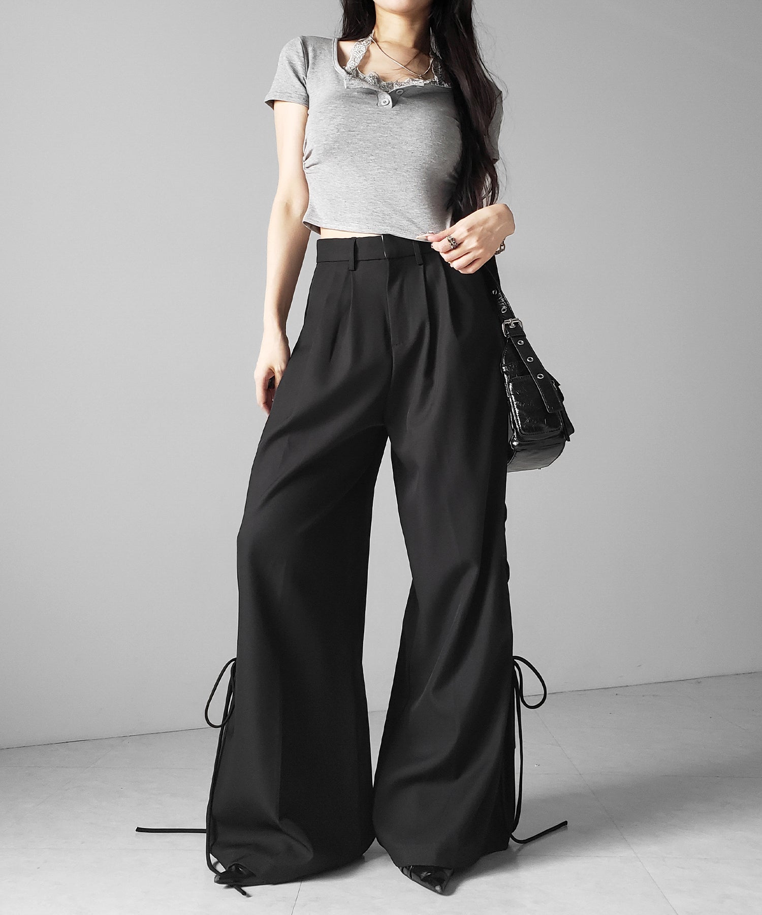 レースアップダブルタックワイドスラックス / laceup double tack wide slacks