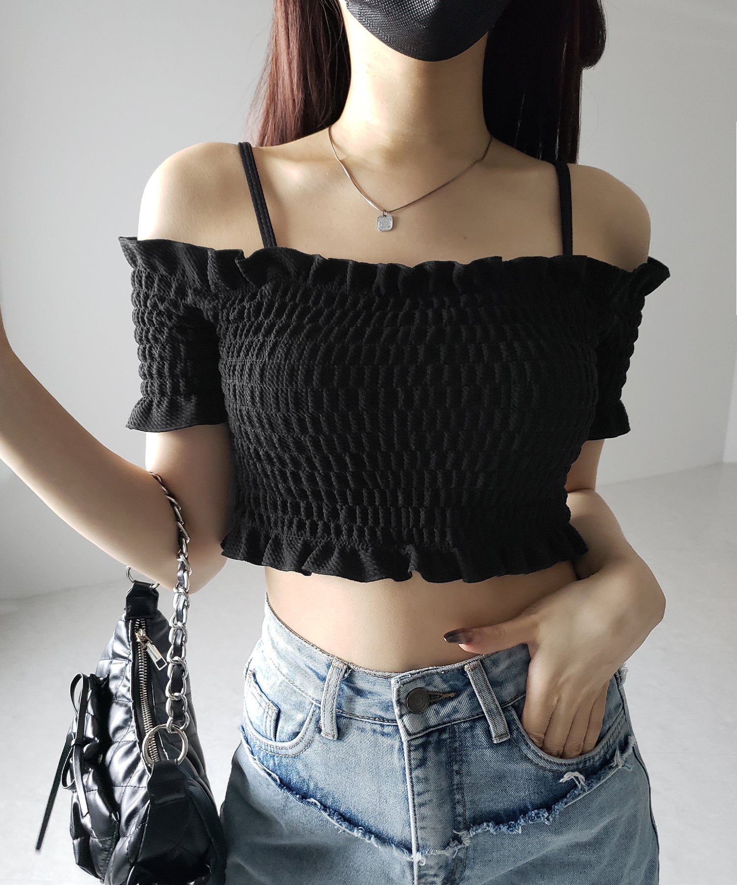 【 レディース水着/2点セット 】オフショルダーシャーリングギャザーハイウエストビキニ / off shoulder shirring gather highwaist bikini