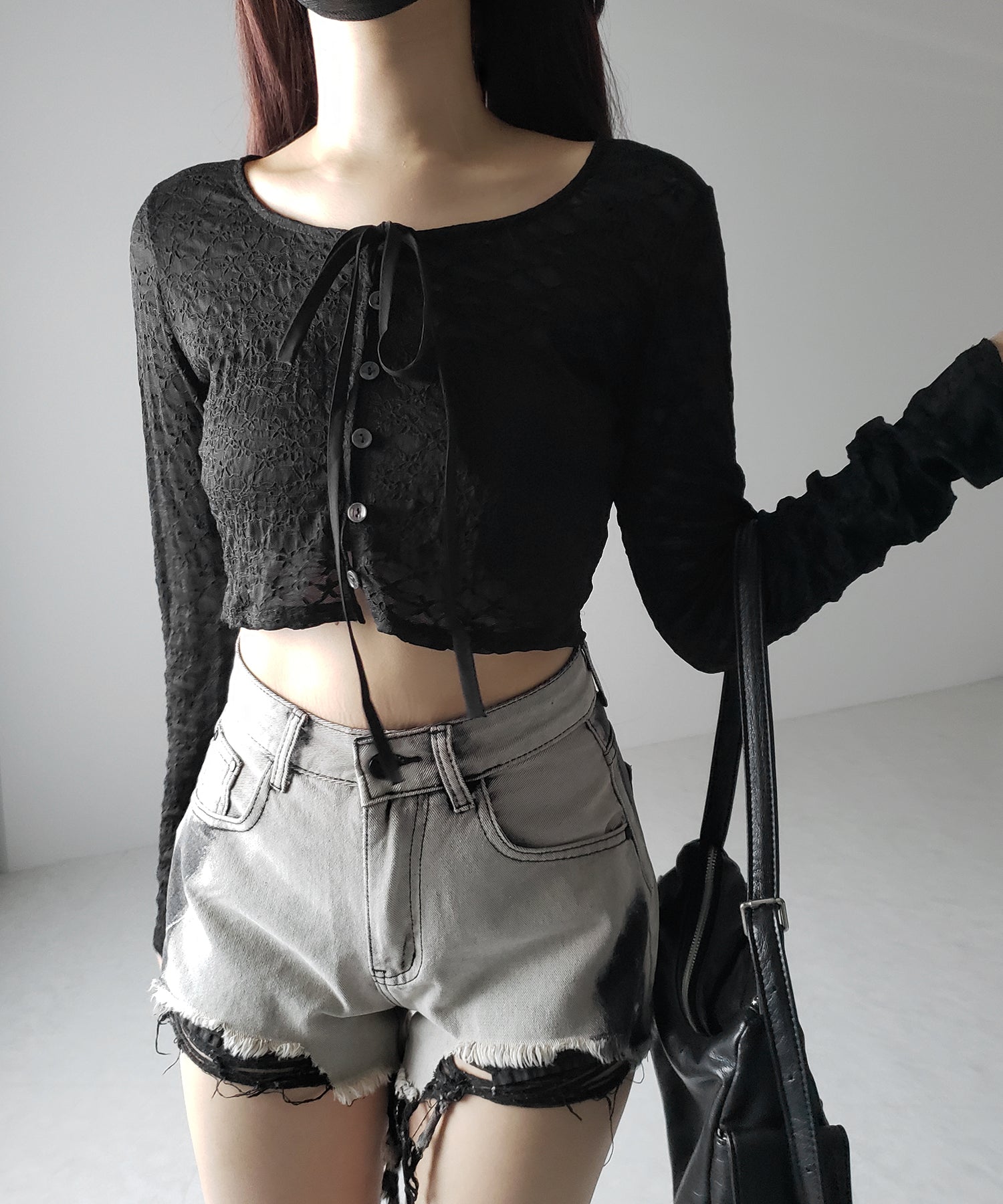 【 2WAY 】クロスストラップリボンショートレースカーディガン / cross strap ribbon short lace cardigan