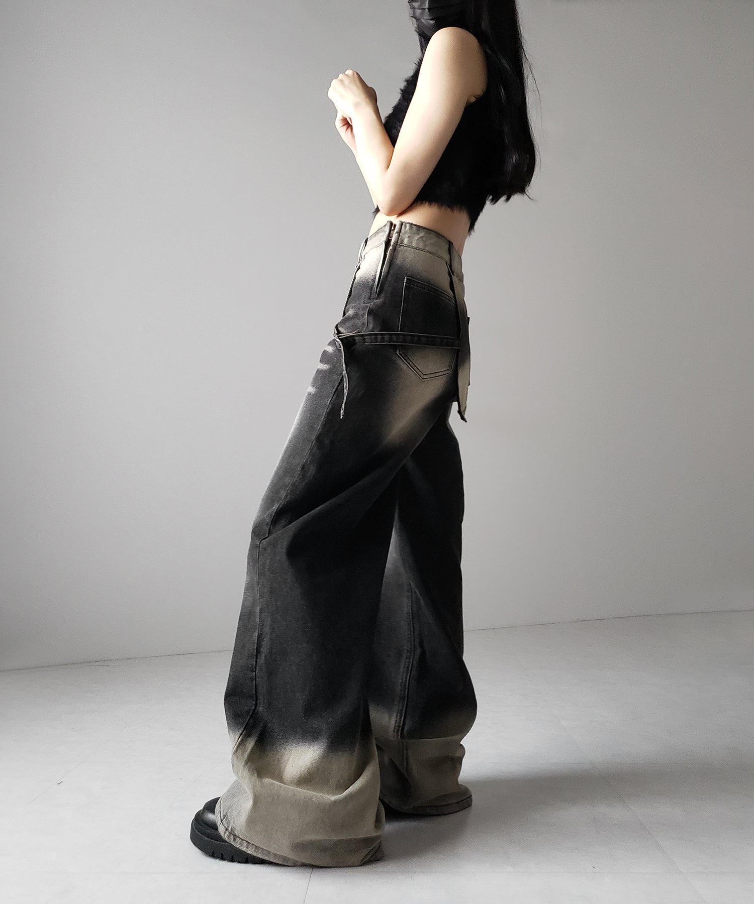 【 2color /4size 】ラップレイヤードバイカラーブリーチワイドデニム / wrap layered bicolor bleach wide denim