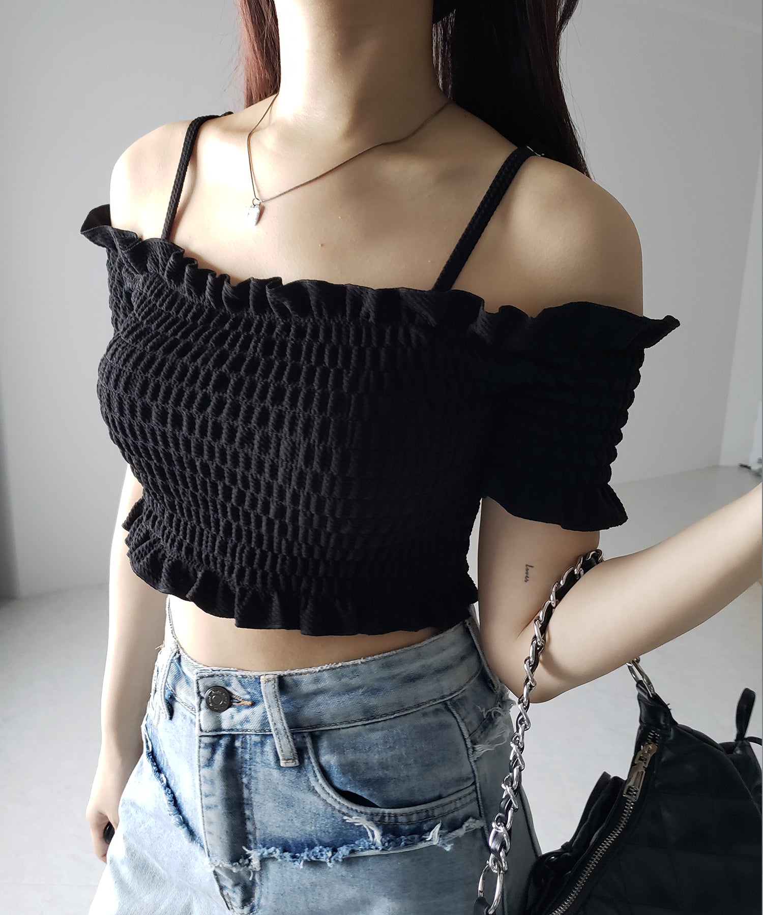 【 レディース水着/2点セット 】オフショルダーシャーリングギャザーハイウエストビキニ / off shoulder shirring gather highwaist bikini