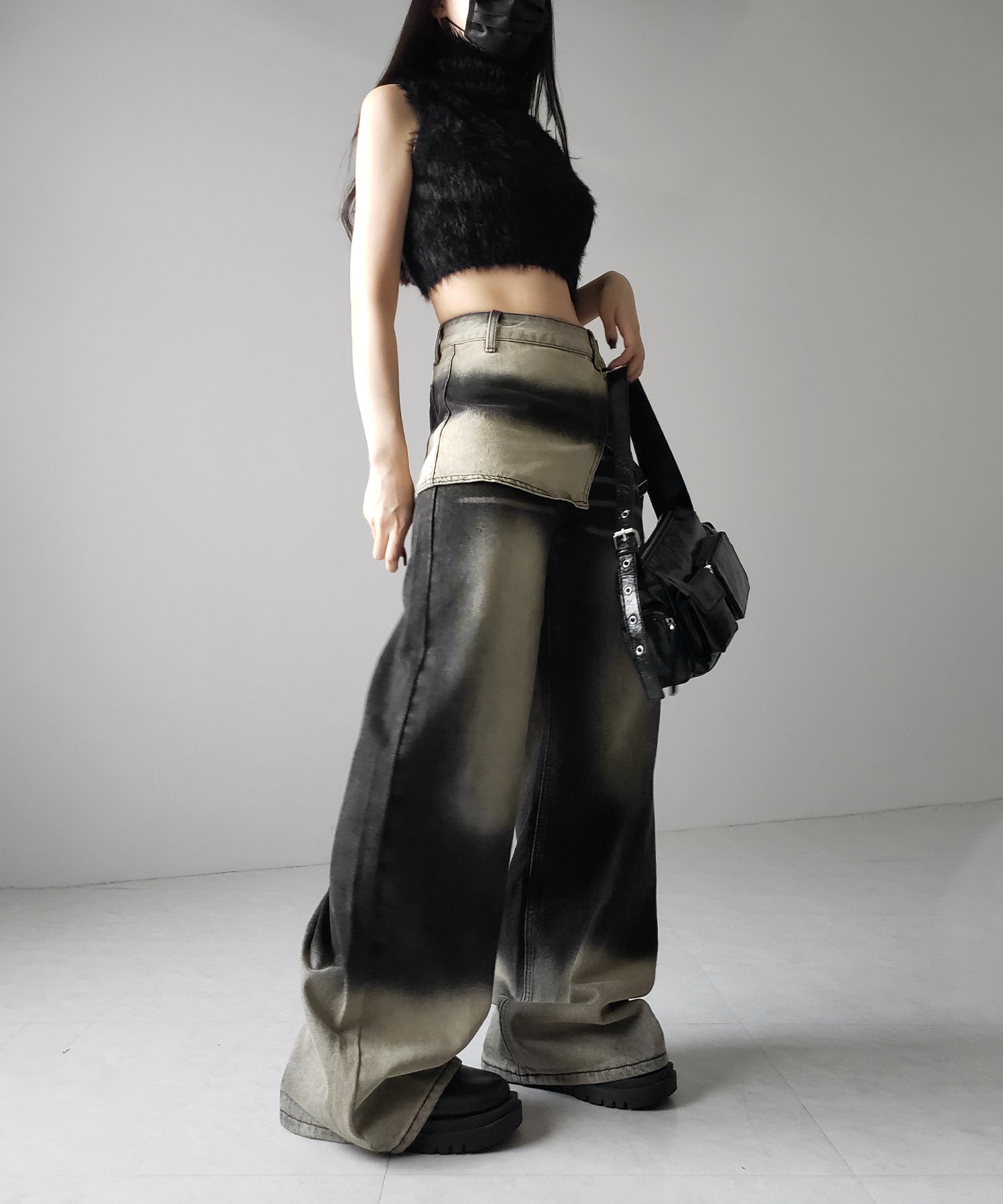 【 2color /4size 】ラップレイヤードバイカラーブリーチワイドデニム / wrap layered bicolor bleach wide denim