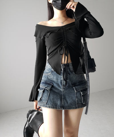 シャーリングフロントスリットオフショルトップス / shirring front slit offshoulder tops